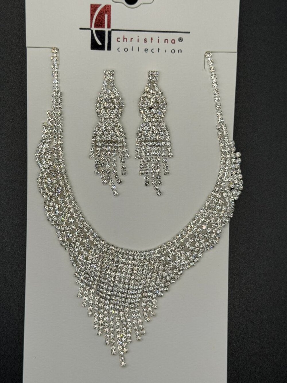 Christina Collection Silver Tone Rhinestone Statement Necklace & Earrings Bridal